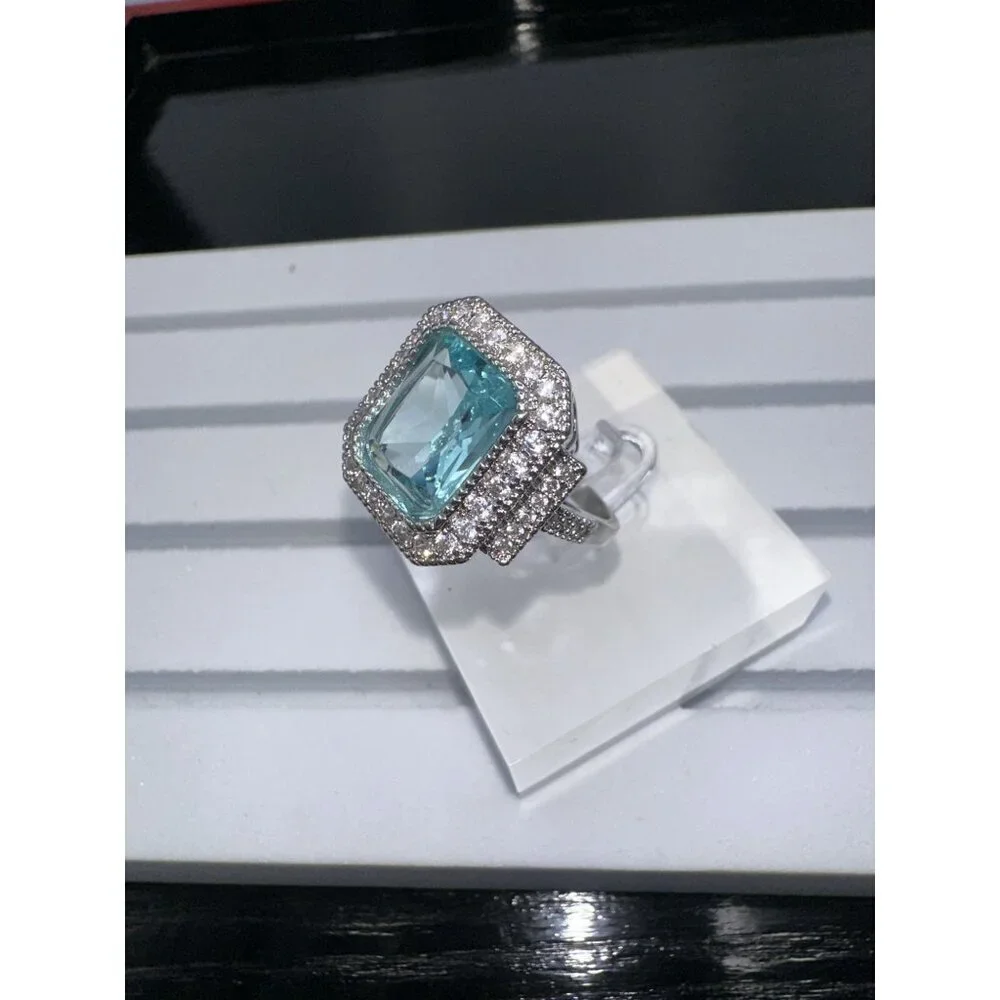 Aquamarine Cubic Zirconia White Crystal Ring Size 10